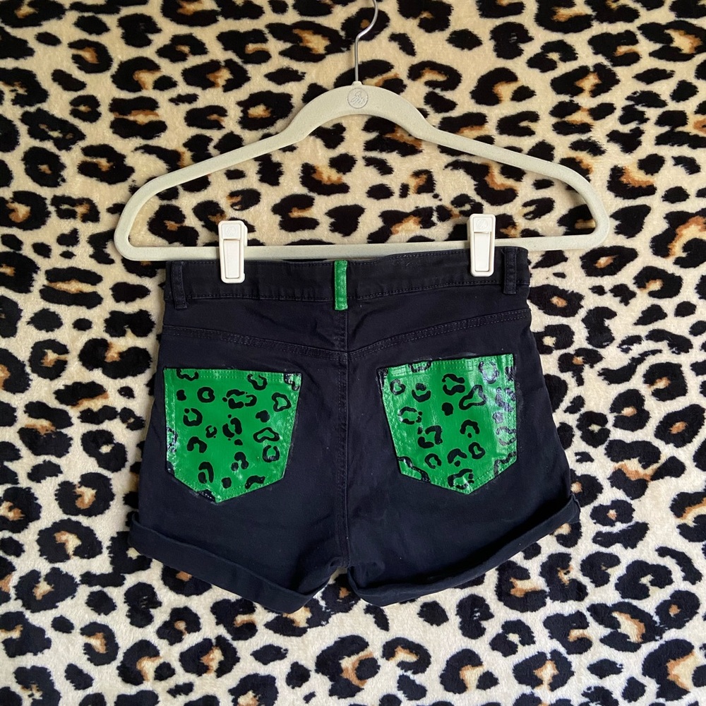 Custom Painted Leopard Print Black Shorts